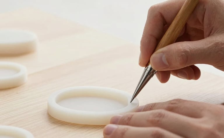 Close-up of a designer's hands meticulously carving a wax jewelry mold on a clean wooden workbench, soft diffused studio lighting, minimalist background