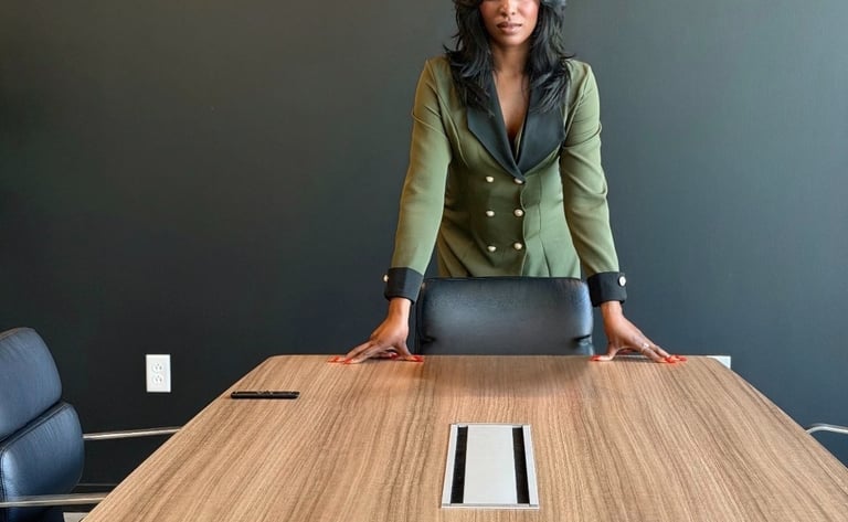A confident professional woman in a green blazer standing at a large wooden boardroom table.