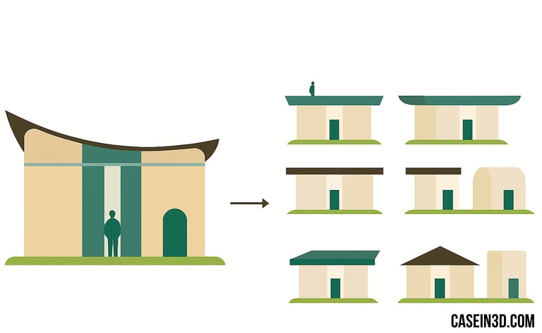 illustrazione minimalista edifici modulari con tetto curvo e otto varianti, collective part 99