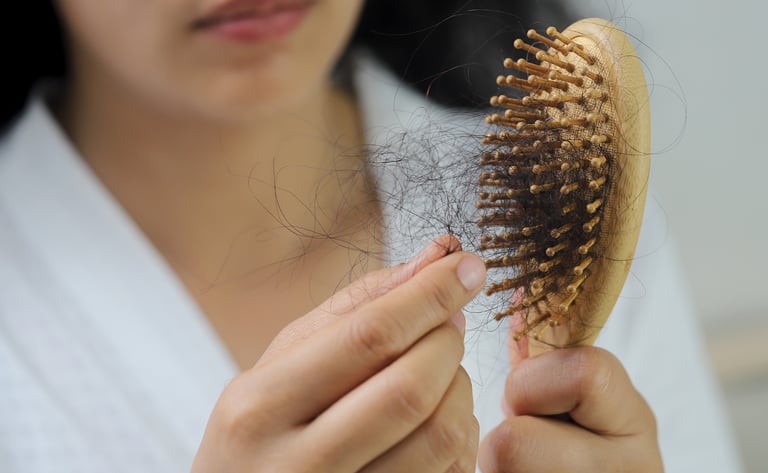 Woman in a white robe holding a wooden hairbrush with tangled hair loss strands after brushing.