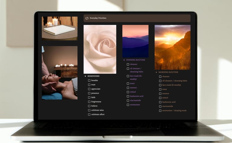 A laptop displaying a wellness dashboard with skincare routines and self-care checklists.