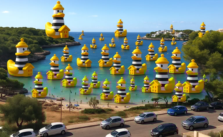 a large group of yellow rubber PATOCOLOM ducks floating in the water of s´arenal of Portocolom