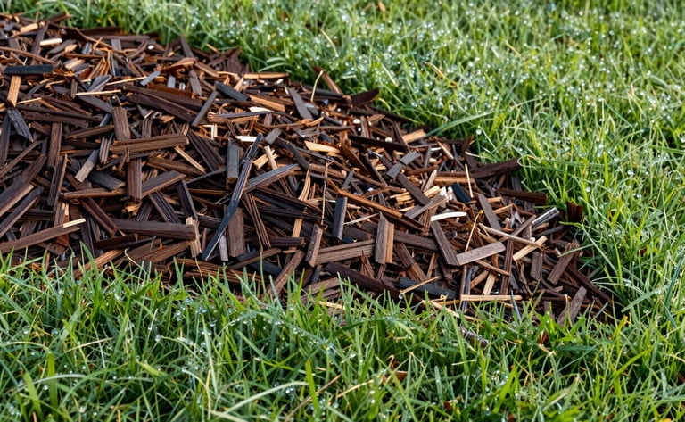 Close-up shot of rich, dark brown double-shredded hardwood mulch neatly installed with a crisp spade edge against vibrant green Michigan grass, morning dew, 35mm