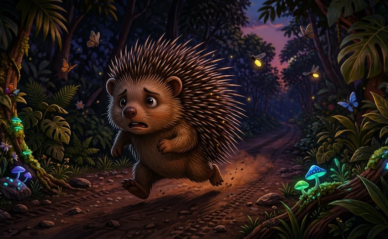 A cute cartoon porcupine running through a magical forest at night with glowing mushrooms and fireflies.