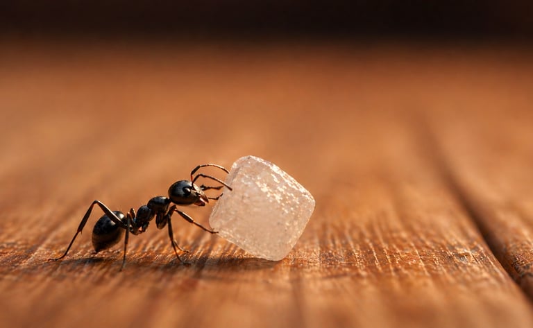 Macro shot of a small black ant carrying a single white sugar cube across a rustic wooden surface.