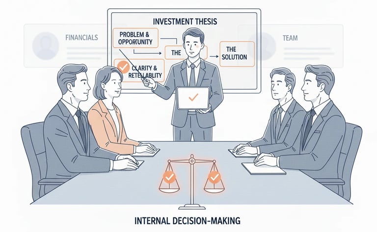 VCs discussing and evaluating a startup pitch internally after the founder leaves the room.