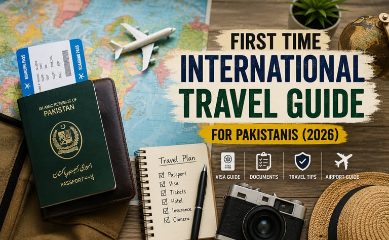 Professional travel planning setup with Pakistani passport, visa application documents, tickets