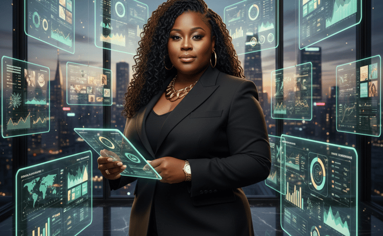 A black female executive analyzing data on glowing digital holograms in a futuristic office.