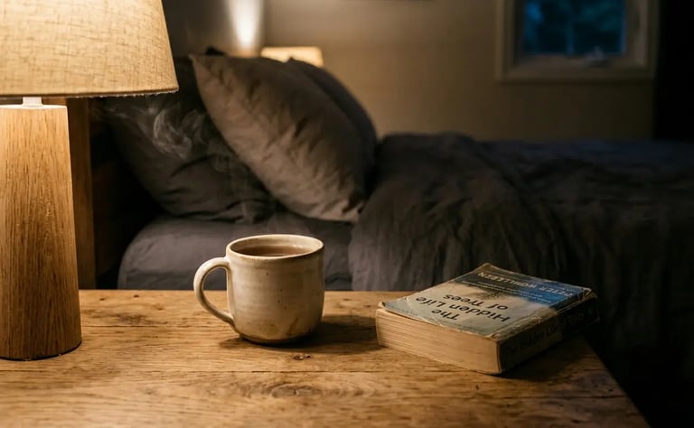 Cozy bedside scene with a steaming mug of tea, an open book, and a warm wooden lamp on a nightstand.