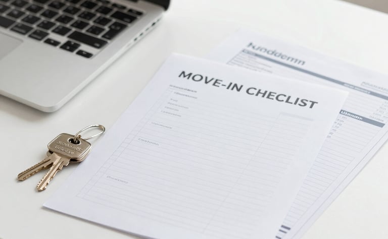 An open booklet with illustrated moving tips and a calm, minimalist design.