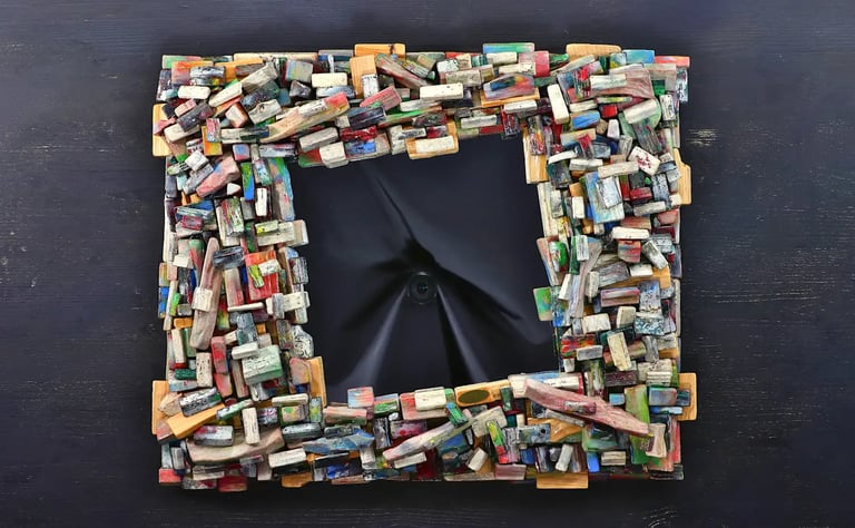 Nobler Spiegel mit kunstvollem Rahmen aus vielen, bunt bemalten Holzscheiten