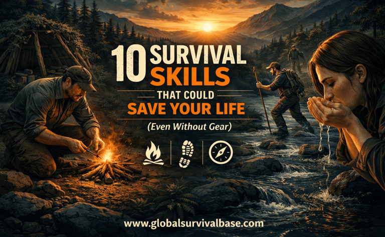 Survival skills guide showing a man building a fire and a woman drinking water in the wilderness.