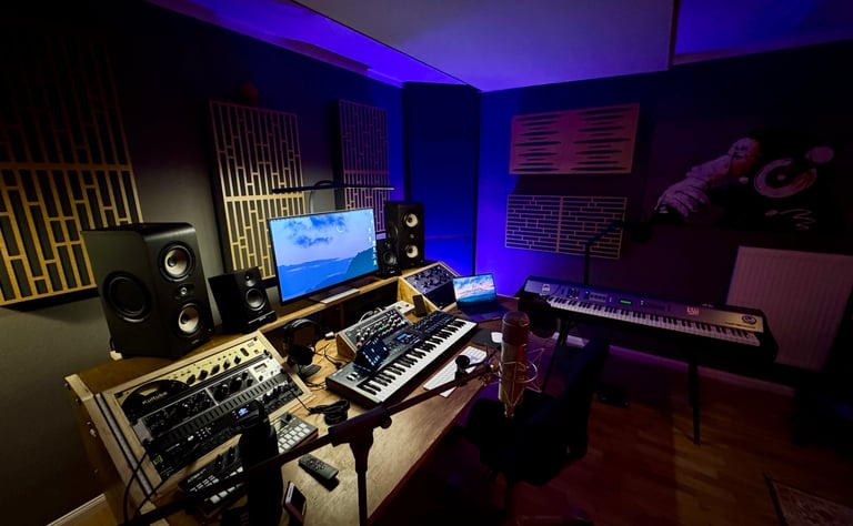 Professional music studio with synths, monitors and acoustic treatment