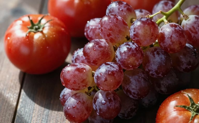 Close-up of freshly harvested glistening red grapes and heirloom tomatoes on a dark wooden table, soft natural daylight from the side casting deep shadows, rustic Scandinavian aesthetic, 35mm lens editorial food photography