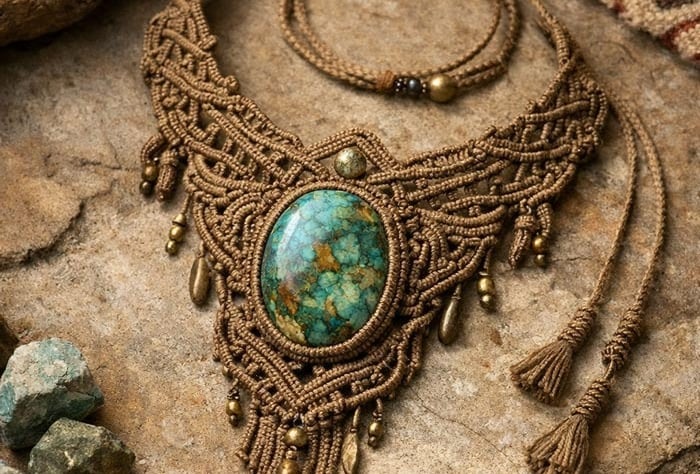 Collar de macramé hecho a mano con piedra turquesa.