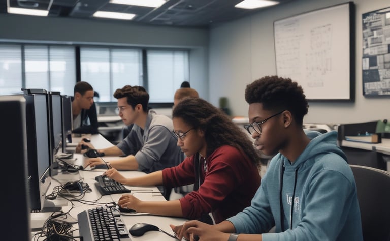 A diverse group collaborating around a table with educational materials and industrial tools.