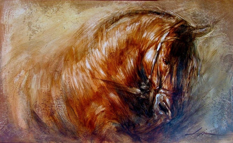 Pintura al óleo sobre papel que retrata la cabeza de un caballo castaño con estilo expresionista y pinceladas dinámicas.