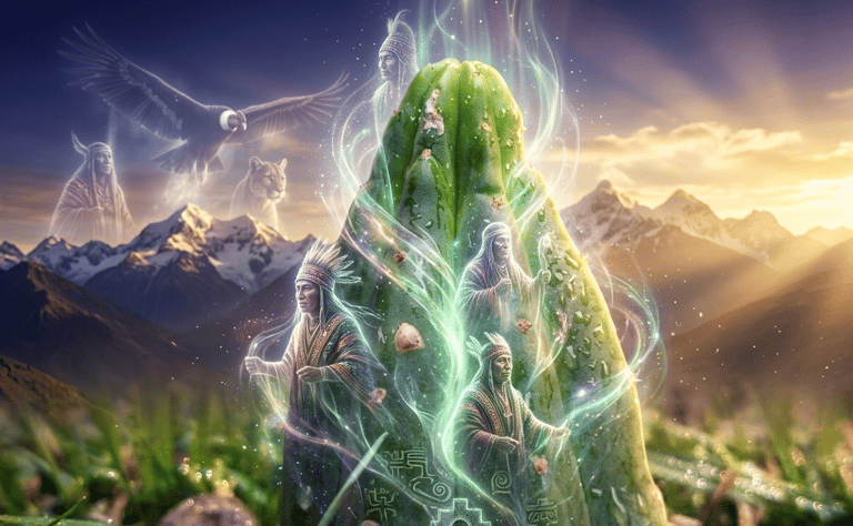 San Pedro with cacti that represent spiritual shamans, Andean mountains and a condor in full flight.