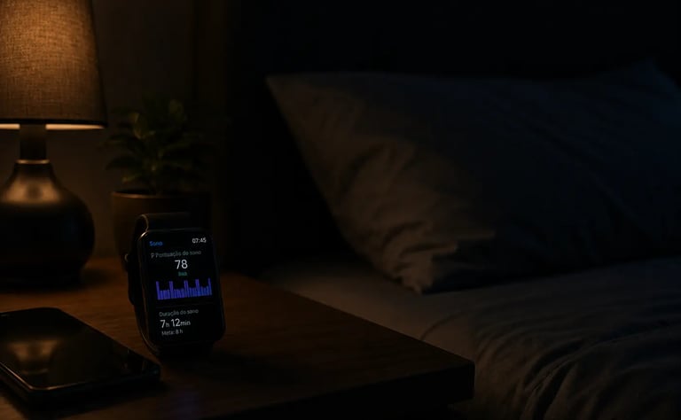 Smartwatch on a nightstand displaying sleep tracking data next to a lamp and bed.