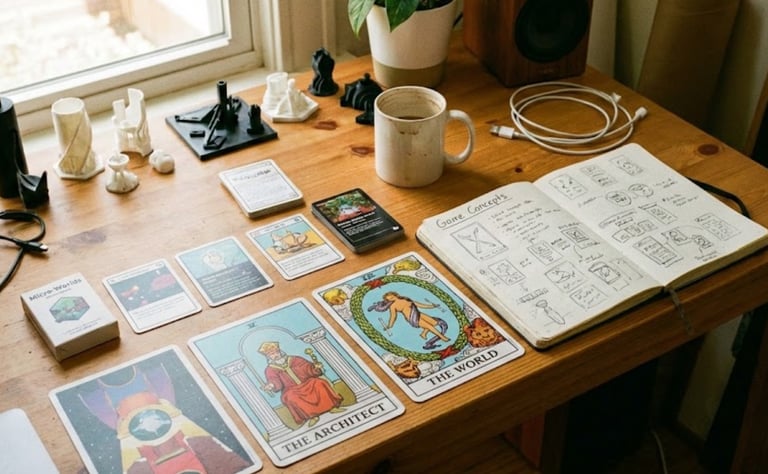 Tabletop game designer desk with custom playing card prototypes and sketchbook.