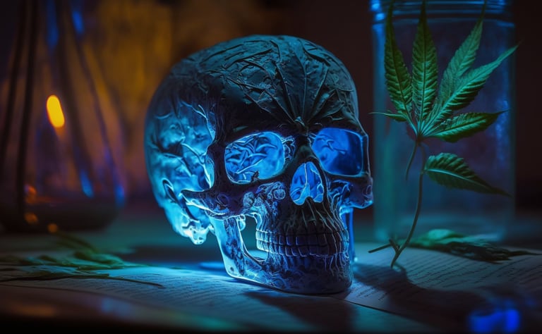 a skull head with a marijuana leaf in the background
