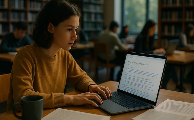 Student in a library researching on a laptop using Perplexity AI for academic citations
