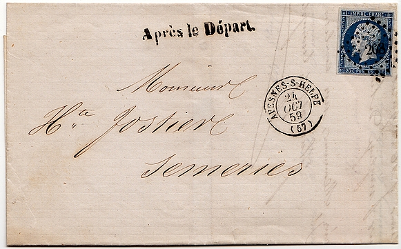 1859: Brief über 7,5 g, frankiert mit 20 Centimes, von AVESNES nach SEMERIES.