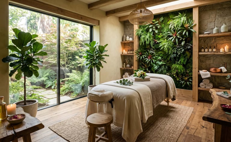 High-end wellness facility spa treatment room with biophilic elements and natural finishes