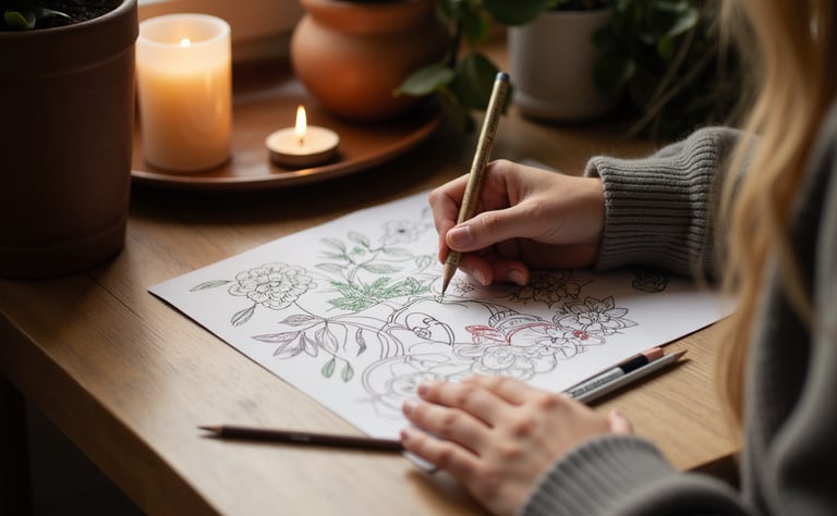 woman coloring in a cozy scene