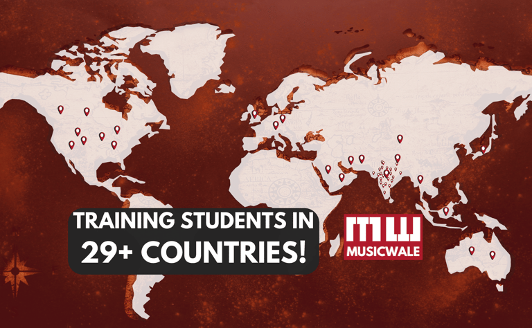 A world map showing number of countries musicwale teaches music in