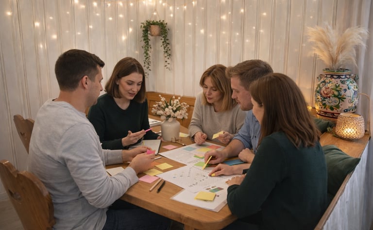 A group of people planning and discussing together at a table with sticky notes.