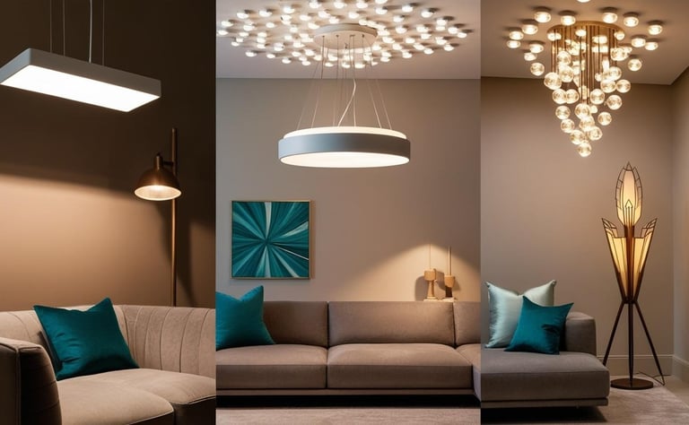 a living room with a couch and a lamp