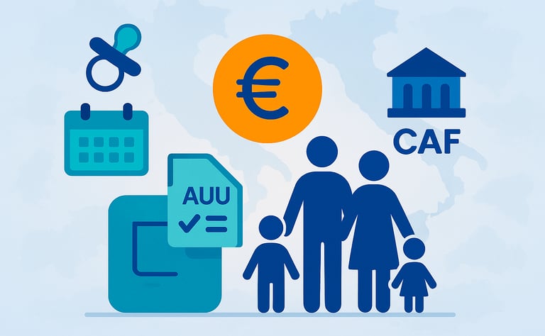 Illustrazione flat dell’Assegno Unico Universale con famiglia, simbolo euro e CAF