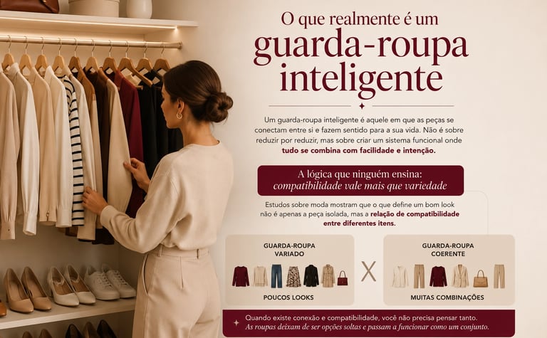 mulher organizando guarda roupa inteligente com roupas que combinam entre si e estilo pessoal funcional