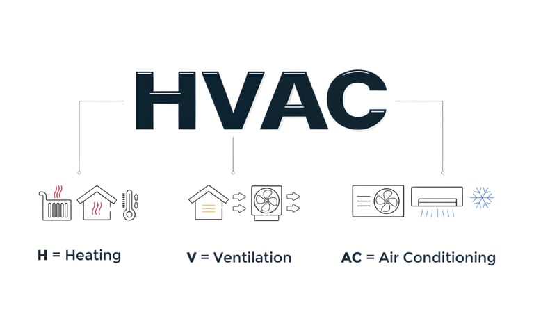 Diagram explaining HVAC meaning with icons for residential heating, ventilation, and air conditioning systems.