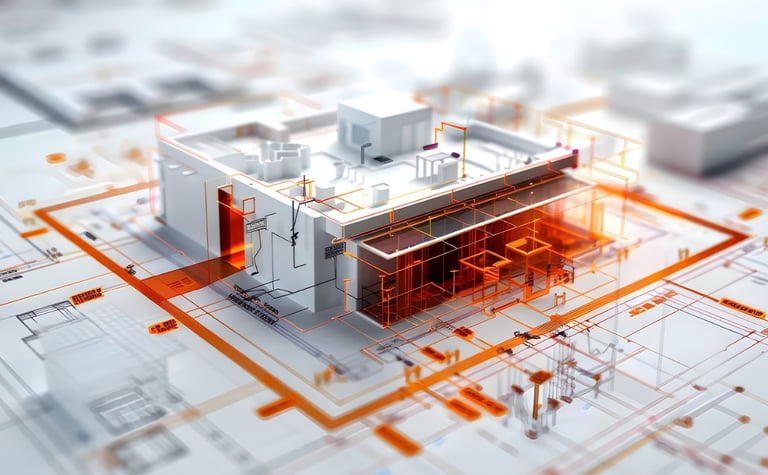 A 3D architectural model of a modern building with glowing orange digital circuit overlays.