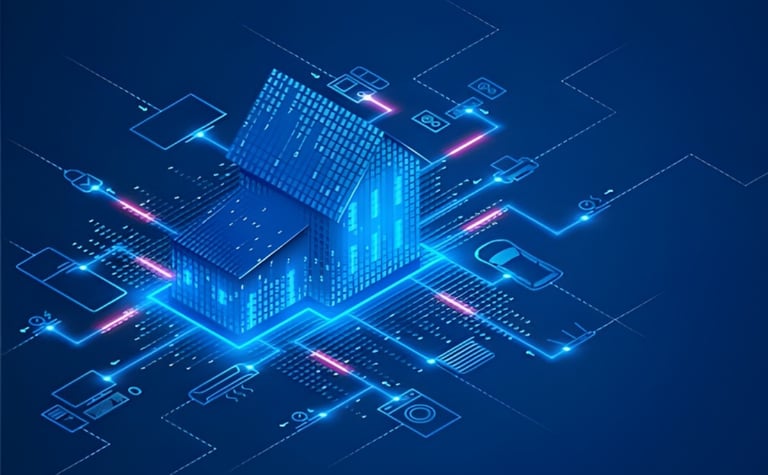 Digital smart home isometric blue glow showing internet of things IoT automation technology connectivity.