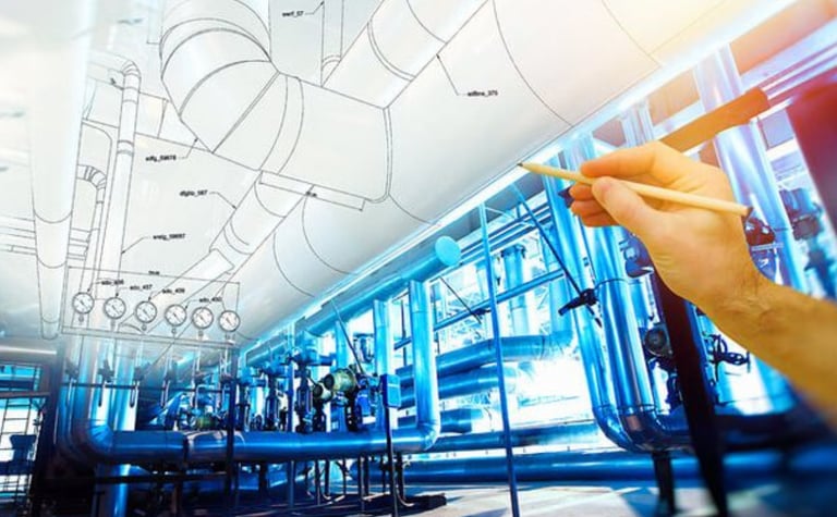Engineer drawing technical HVAC blueprints over a photo of industrial piping and pressure gauges.