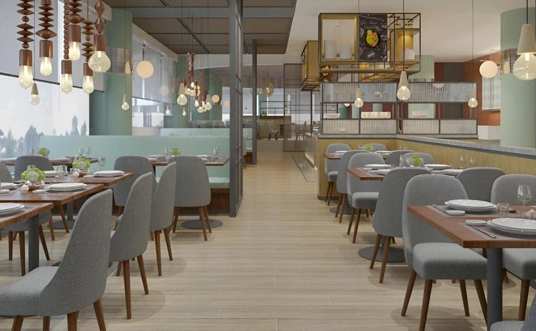  Modern restaurant — mint green walls, pendant lights, wooden tables, grey upholstered chairs, warm 