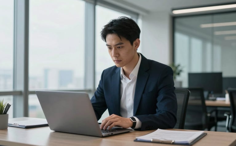 A focused professional in a Global / Professional modern office environment, reviewing career opportunities on a sleek laptop. The setting features clean lines and large windows with soft morning light. The color palette includes hints of Deep Midnight Navy and Soft Sky Blue in the office decor.