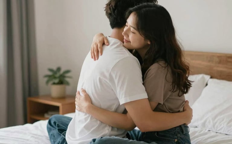 A woman wearing a blue floral lace lingerie set with a matching garter belt and leg straps. 