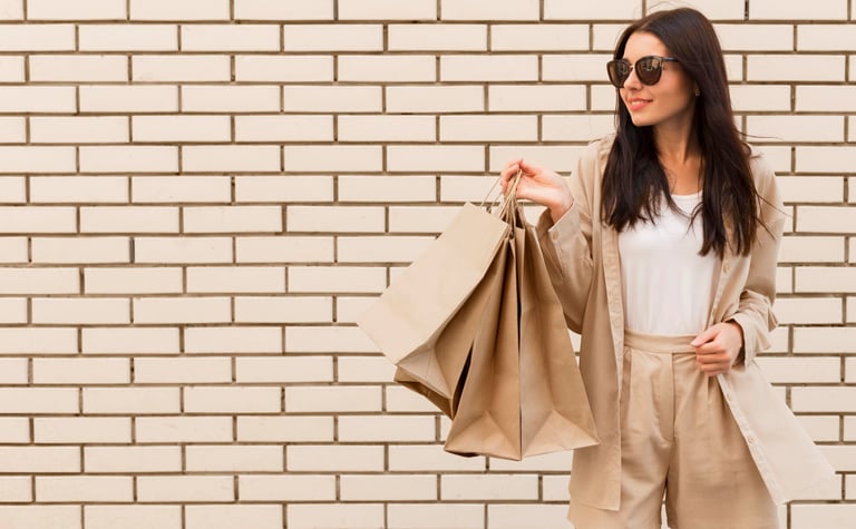 a woman in jacket and sunglasses holding shopping bags