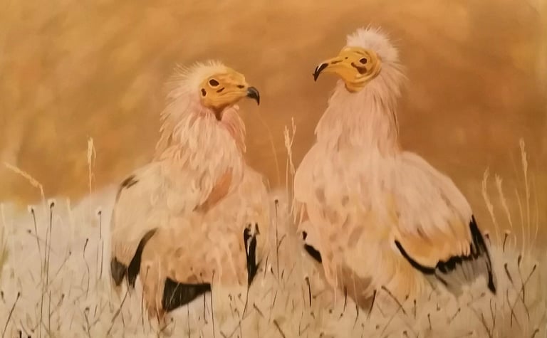 two birds standing in the grass with a brown background