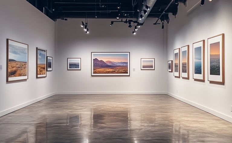 Galerie d'art moderne avec des photographies de paysages encadrées, éclairées par des spots dans une ambiance épurée et sophi