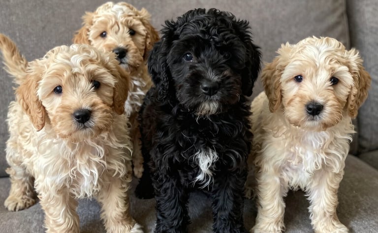 Six adorable Goldendoodle puppies in black and apricot coats sitting on a grey sofa.
