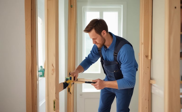 Professional carpenter installing a new wooden door frame during a home renovation project.