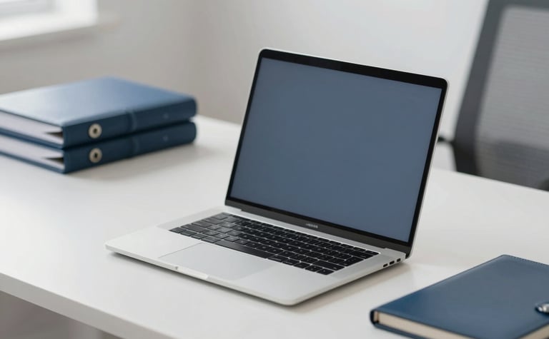 A high-end, minimalist office desk with a sleek laptop and organized leather folders. The atmosphere is professional and bright, emphasizing administrative order. Subtle colors of #4F6A88 and #F8F6F4 are present in the decor.
