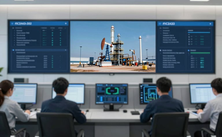 A sophisticated representation of industrial sectors, showing a clean, modern control center with data screens. Represents the oil and transport industry with a focus on precision and safety. Professional palette with #1C2A3A.