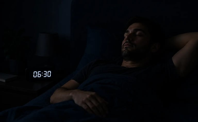 A man sleeping soundly in a dark bedroom with a digital alarm clock showing 06:30 AM.