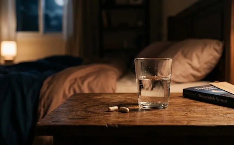 A glass of water and two supplement capsules on a wooden bedside table for nighttime sleep support.